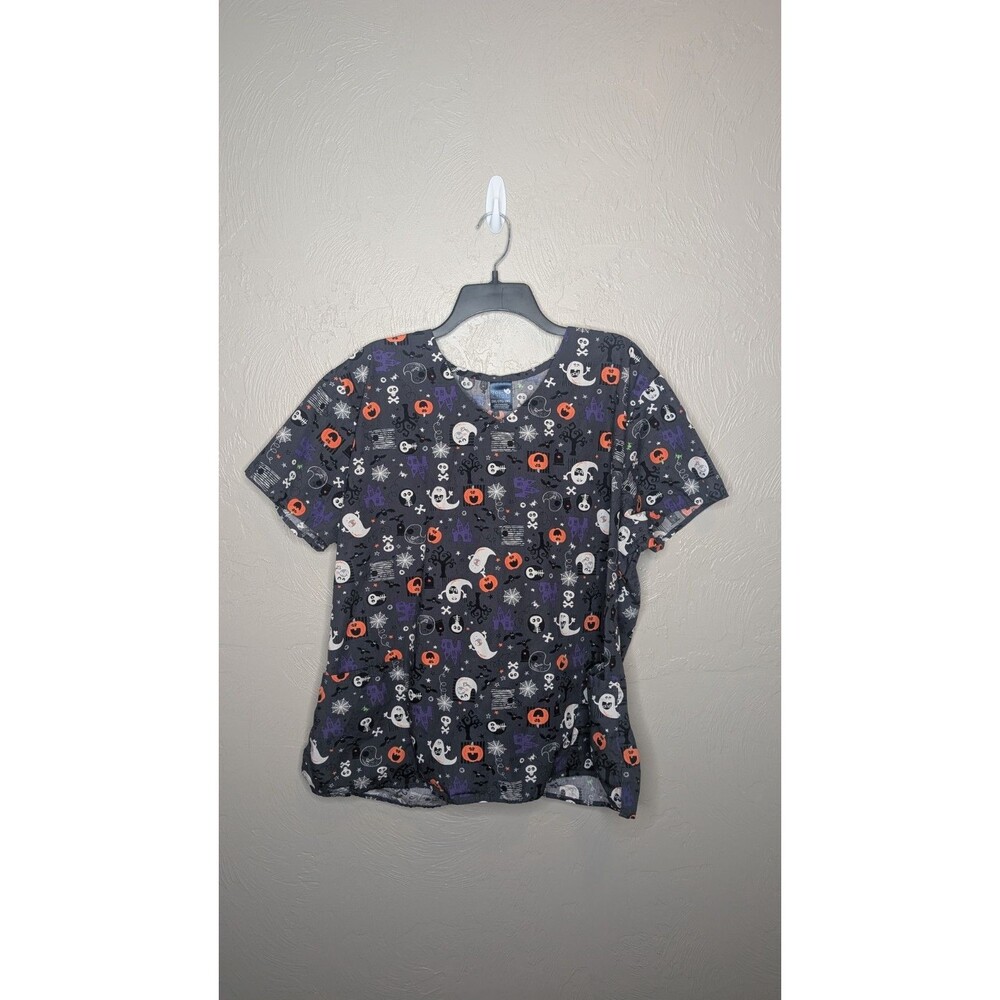 Zoe + Chloe Womens Plus 2XL Pumpkin Ghost Halloween V-Neck 2-Pocket Scrub Top
